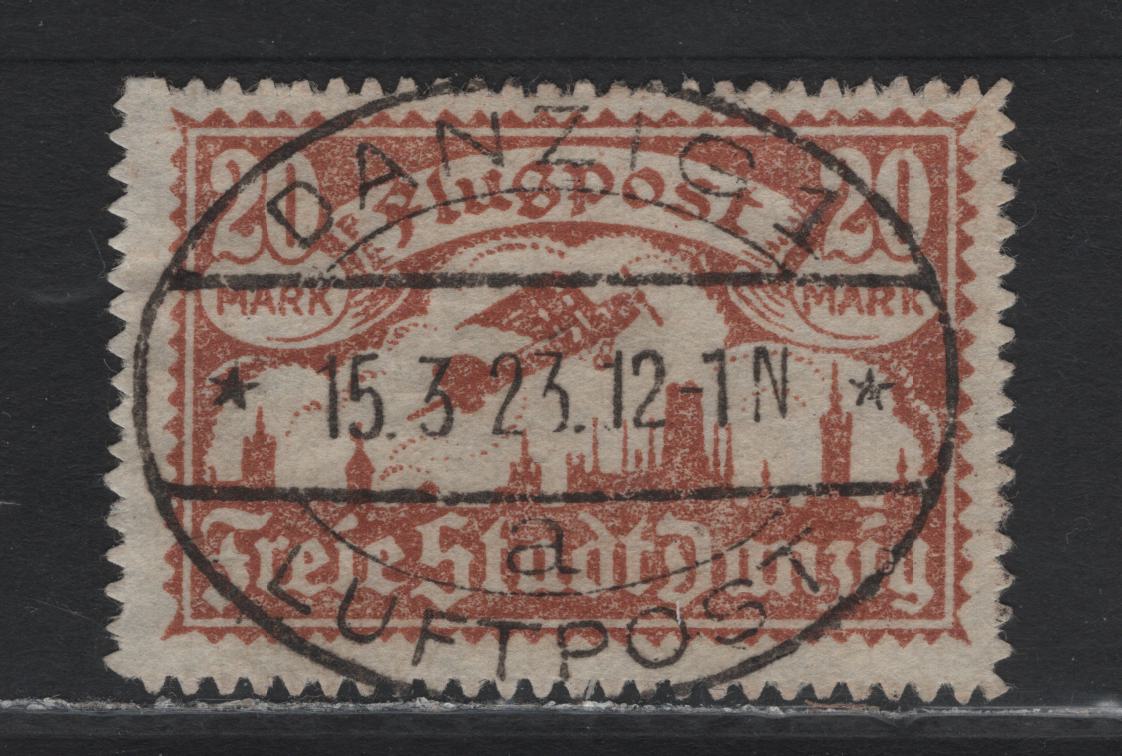 Lot 294 Danzig SC#C17 (Michel# 118) 20m Orange Brown , 1923 Airmail Issue, A Very Fine Used Single, Webbing Wmk, Genuine Postally Used, Danzig 1 Luftpost Oval Cancel.