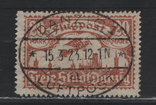 Lot 294 Danzig SC#C17 (Michel# 118) 20m Orange Brown , 1923 Airmail Issue, A Very Fine Used Single, Webbing Wmk, Genuine Postally Used, Danzig 1 Luftpost Oval Cancel.