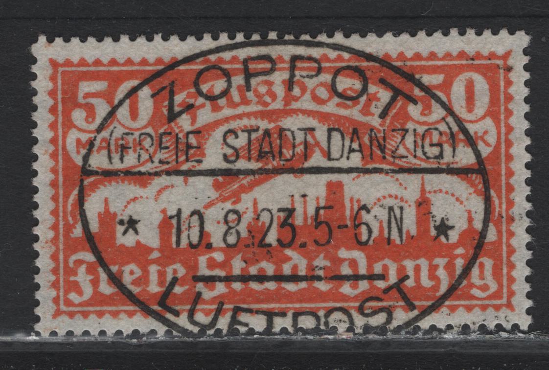 Lot 295 Danzig SC#C18 (Michel# 134) 50m Orange , 1923 Airmail Issue, A Very Fine Used Single, Webbing Wmk, Genuine Postally Used Example, Zoppot Free State Danzig Luftpost Cancel Dated August 10 1923.