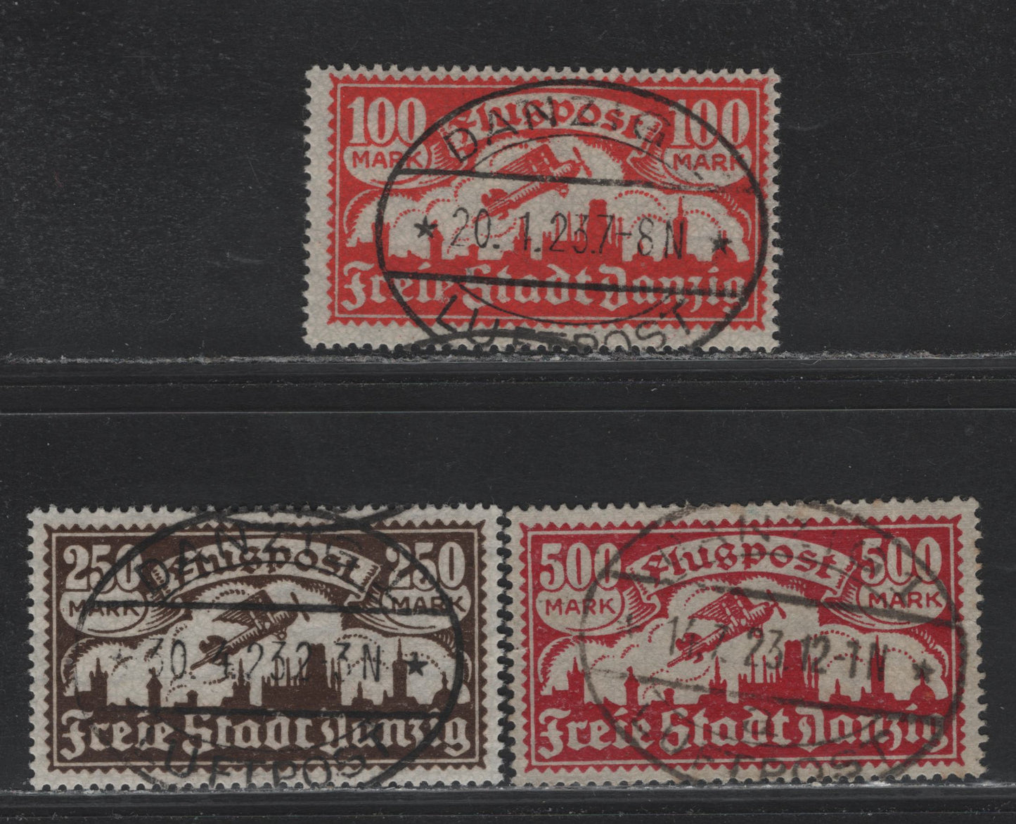 Lot 296 Danzig SC#C19-C21 (Michel# 135-137) 100m - 500m Red - Carmine Rose , 1923 Airmail Issue, 3 Fine/Very Fine Used Singles, Webbing Wmk, CTO Cancel on 100m (Dated Prior To Feb 5 Issue Date), Genuine Danzig 1 Luftpost Oval Cancels.