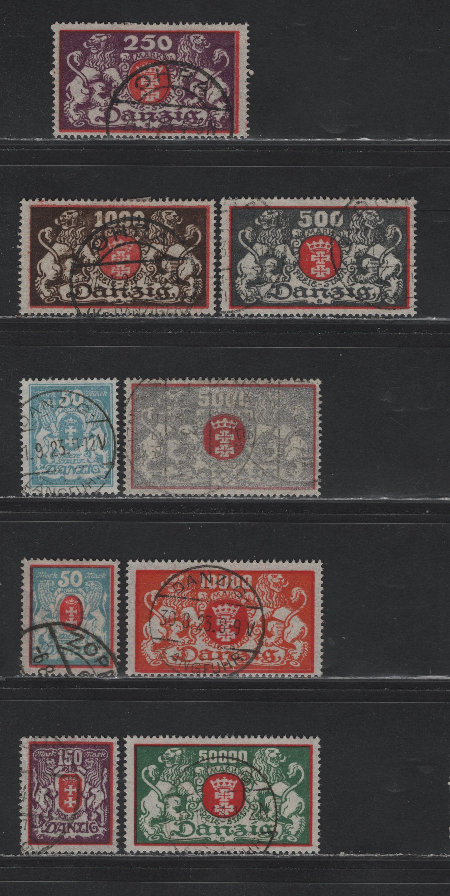 Lot 298 Danzig SC#106, 108-113, 123, 125 (michel# 127x, 129v, 119-122, 147, 149) 50m - 50,000 Pale Blue & Red - Green & Red , 1922-1923 Arms Issue, 8 Fine/Very Fine Used Singles, Webbing Wmk, All CTO Except 50m