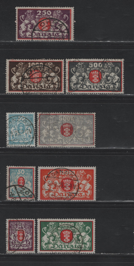 Lot 298 Danzig SC#106, 108-113, 123, 125 (michel# 127x, 129v, 119-122, 147, 149) 50m - 50,000 Pale Blue & Red - Green & Red , 1922-1923 Arms Issue, 8 Fine/Very Fine Used Singles, Webbing Wmk, All CTO Except 50m
