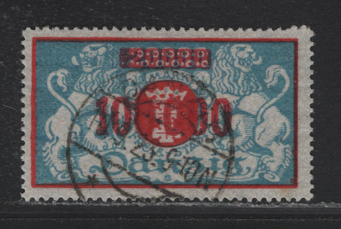 Lot 300 Danzig SC#126 100,000m on 20,000m Pale Blue & Red , 1923 Surcharged Arms Issue, A Very Fine Used Single, Genuine Danzig Postal Cancel, Dated Sept 10 1923 (Issued August 14)