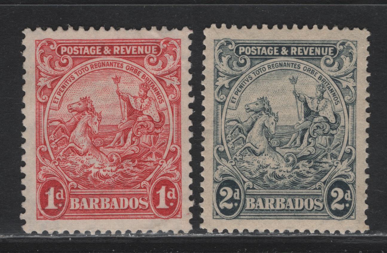 Lot 3 Barbados (C) SG#231c, 232 1d - 2d Scarlet - Gray , 1925-1935 KGV Postage & Revenue Badge of the Colony Designs, 2 VFOG Singles, Perfs 13.5x12.5 & 14