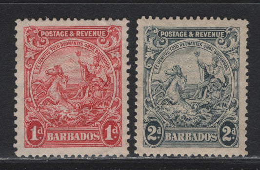 Lot 3 Barbados (C) SG#231c, 232 1d - 2d Scarlet - Gray , 1925-1935 KGV Postage & Revenue Badge of the Colony Designs, 2 VFOG Singles, Perfs 13.5x12.5 & 14