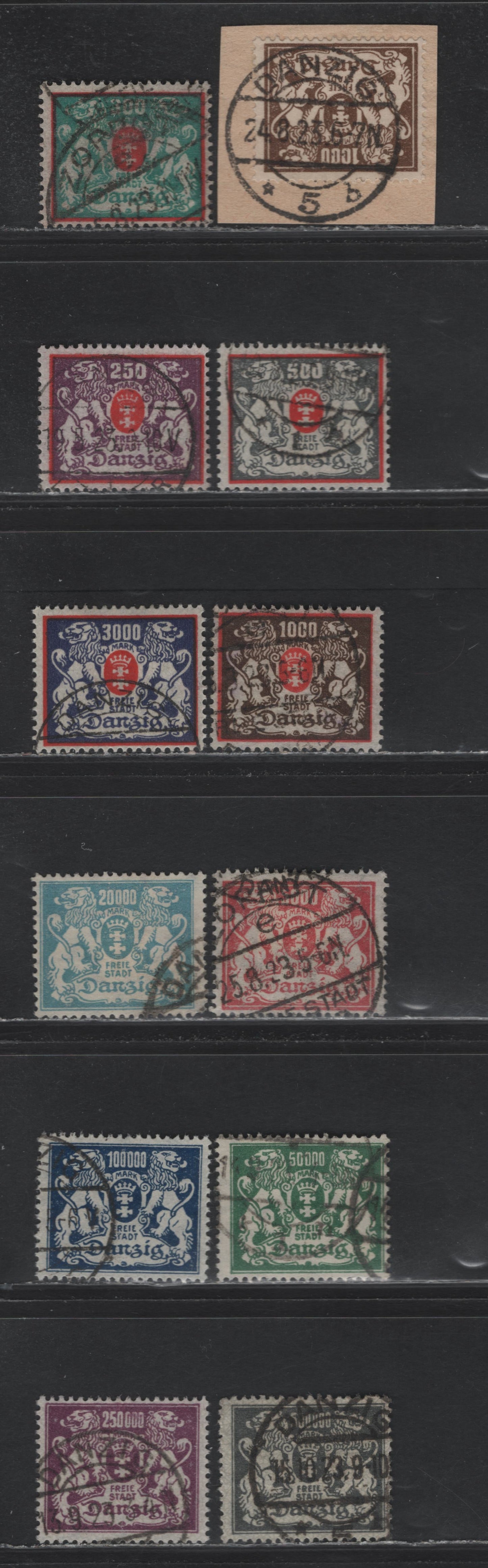 Lot 302 Danzig SC#117-121, 127-135 (Michel# 130, 143-148, 151-157) 250m - 500,000m Violet & Red - Slate , 1923 Arms Issue, 14 Fine Used Singles, Mostly All CTO Except 300m, 500m, 1000m, 20,000m, 50,0000 & 250,000m