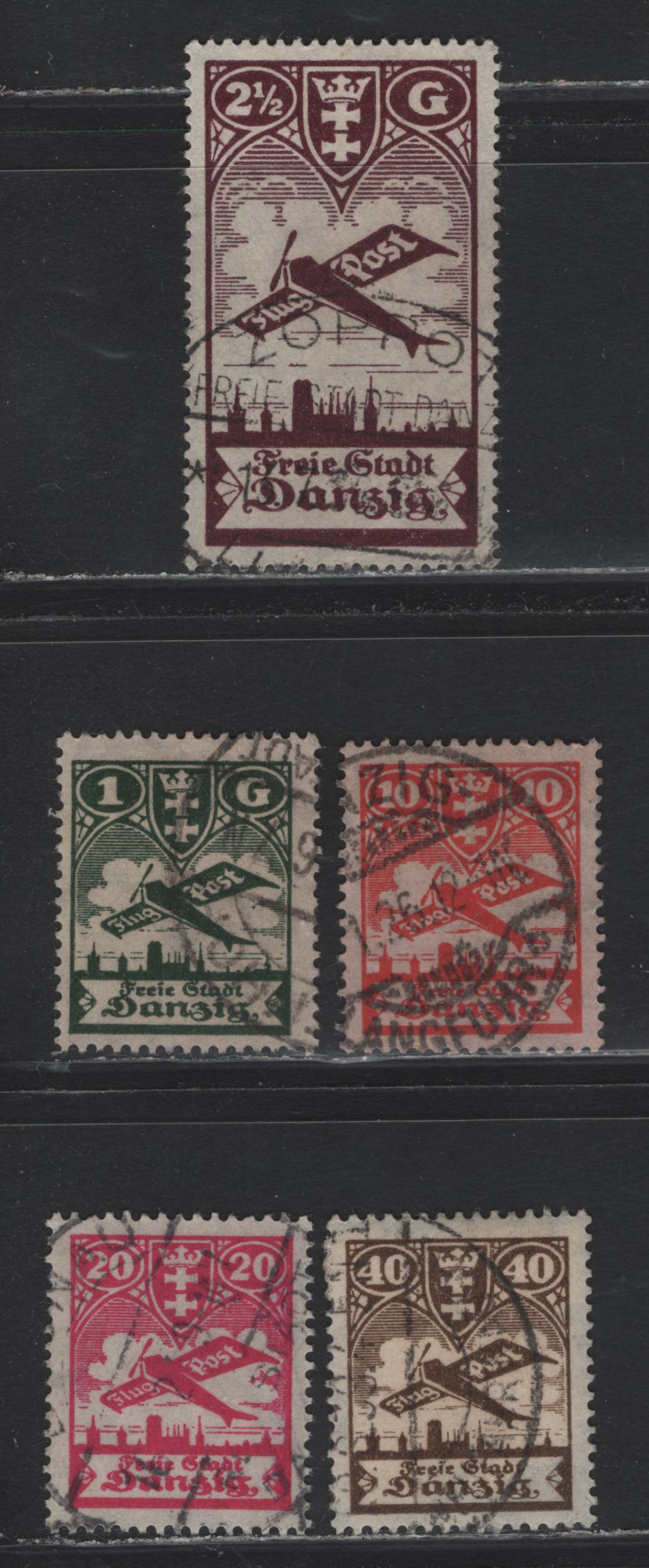 Lot 310 Danzig SC#C26-C30 (Michel #202-206) 10pf - 2.5g Vermilion - Violet Brown Plane Over Danzig, 1924 Airmail Issue, 5 Fine & VF Used Singles