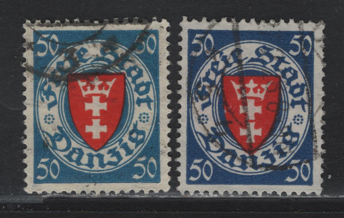 Lot 314 Danzig SC#187a, 187 (Michel #200xa, 200yba) 50pf Cobalt Blue & Vermilion Red And Deep Ultramarine & Vermilion Red Arms, 1924-1937 Arms Definitive Issue, 2 VF Used Singles On Yellowish Paper (Kniep BPP Guarantee) & White Paper