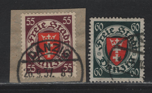 Lot 315 Danzig SC#188-189 (Michel #244, 269) 55pf & 60pf Plum & Vermilion Red & Blackish Bluish Green & Vermilion Red Arms, 1924-1937 Arms Definitive Issue, 2 VF Used Singles