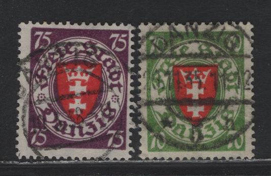Lot 316 Danzig SC#190, 191a (Michel 201xaa, 249) 70pf & 75pf Deep Violet Purple & Deep Vermilion Red & Deep Yellow Green & Vermilion Red Arms, 1924-1937 Arms Definitive Issue, 2 Fine & VF Used Singles On White Paper, 75pf Cemtre Glows Dark Rose Under UV