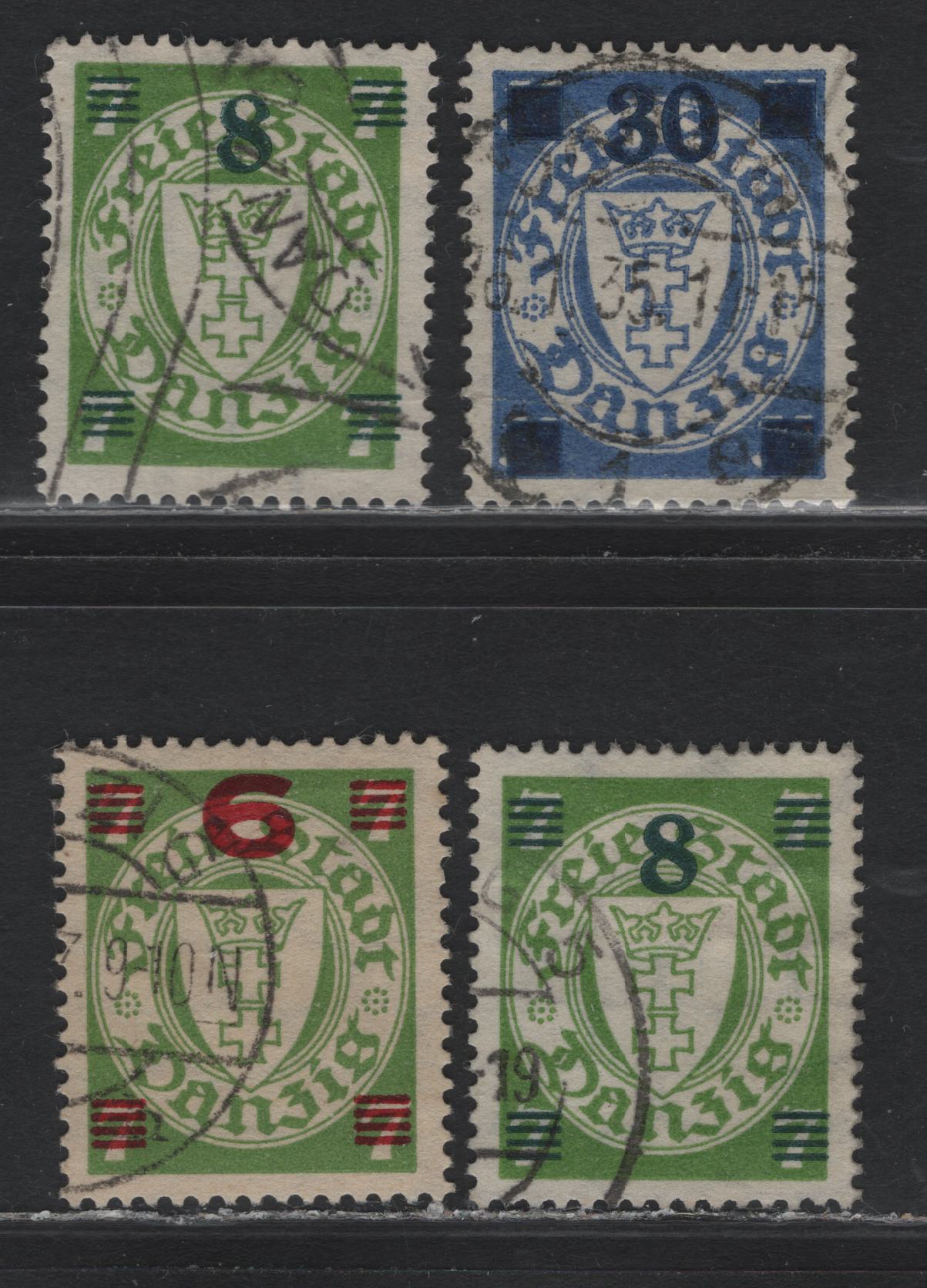 Lot 317 Danzig SC#211-212, 215 (Michel #240-241, 243a) 6pf on 7pf - 30pf on 35pf Deep Yellow Green & Pale Violet Ultramarine Arms, 1934-1936 Surcharges, 4 Fine & VF Used Singles Inckudes 2 Of #212, Small Corner Crease On 30pf