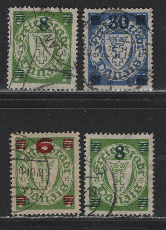 Lot 317 Danzig SC#211-212, 215 (Michel #240-241, 243a) 6pf on 7pf - 30pf on 35pf Deep Yellow Green & Pale Violet Ultramarine Arms, 1934-1936 Surcharges, 4 Fine & VF Used Singles Inckudes 2 Of #212, Small Corner Crease On 30pf