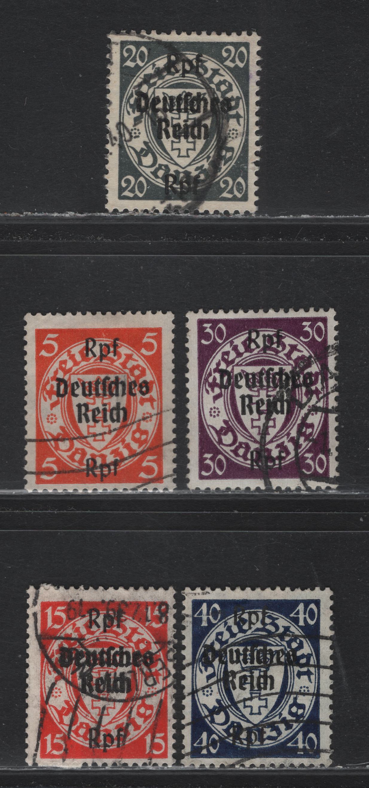 Lot 319 Danzig SC#243, 245, 248, 250-251 (Michel #718x, 722x, 723, 725x, 726x) 5rpf - 40rpf Orange - Dark Blue Arms, 1939 German Administration Overprints, 5 Fine & VF Used Singles 20rpf Wmk Webbing, Others Wmk Swastikas