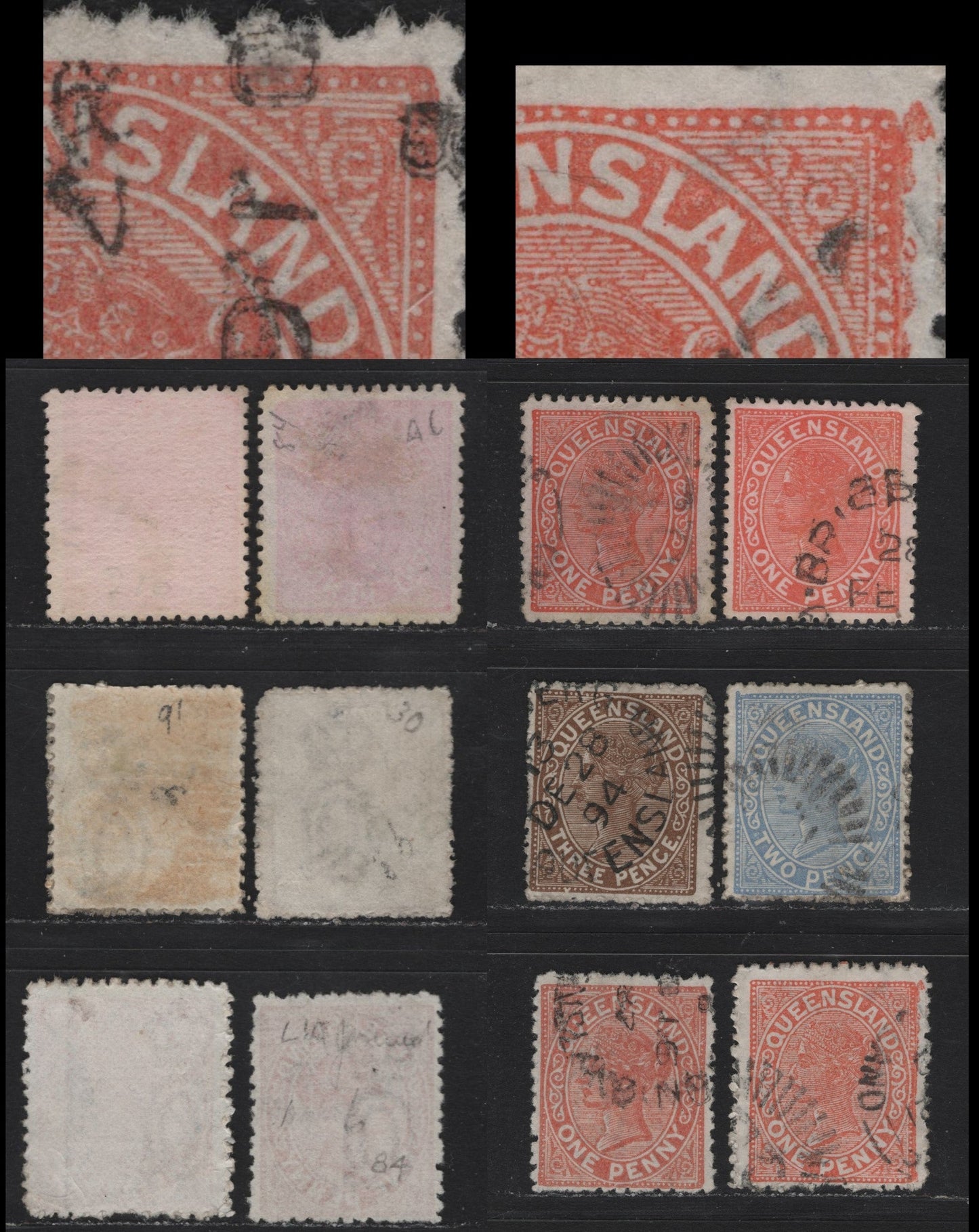 Lot 31 Australia - Queensland (C) SG#166/202 1d-3d  Pale Vermilion Red - 3d Brown Queen Victoria, 1882-1895 Second Sideface Issue, 6 Fine & VF Used Singles Perf. 12, 12.5-13, Two Showing Unlisted "LA Joined" Varieties, Unlisted in Gibbons