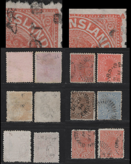 Lot 31 Australia - Queensland (C) SG#166/202 1d-3d  Pale Vermilion Red - 3d Brown Queen Victoria, 1882-1895 Second Sideface Issue, 6 Fine & VF Used Singles Perf. 12, 12.5-13, Two Showing Unlisted "LA Joined" Varieties, Unlisted in Gibbons