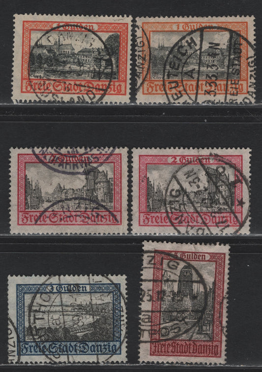 Lot 322 Danzig SC#194/198 (Michel #209/213) 1g-5g Orange & Grey Black, Red Orange & Black, Rose & Black, Dark Blue & Black & Brown Red & Black, 1924-1932 Landmark High Value Definitives, 6 Fine & VF Used Singles Small Wrinkle In Top Margin Of 5g
