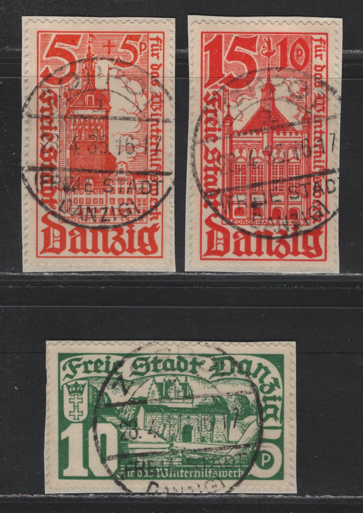 Lot 324 Danzig SC#B12-B14 (Michel #256-258) 5pf + 5pf - 15pf + 10pf Orange - Scarlet Stock Tower - City Gate, 1935 Winter Welfare Semi Postal Issue, 3 VF Used Singles All Tied To Small Pieces