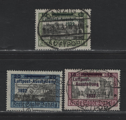 Lot 325 Danzig SC#C31-C33 (Michel #231-233) 10pf on 1g - 20pf on 3g Yellow Green & Black - DarkBlue & Black Oliva Castle & Cathedral - Mottlau River & Krantor, 1932 Airmail Surcharges, 3 VF Used Singles Light Corner Bend On 10pf, Not A Full Crease