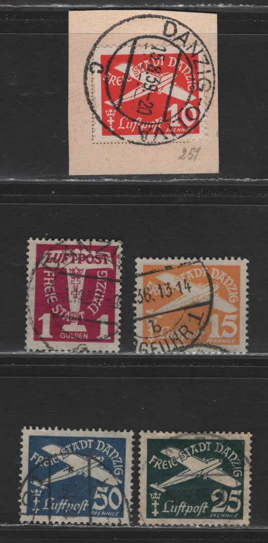Lot 327 Danzig SC#C36-C40 (Michel #251-255) 10pf - 1g  Scarlet - Magenta Airplane, 1935 Airmail Issue, 5 Fine & VF Used Singles Wmk Webbing
