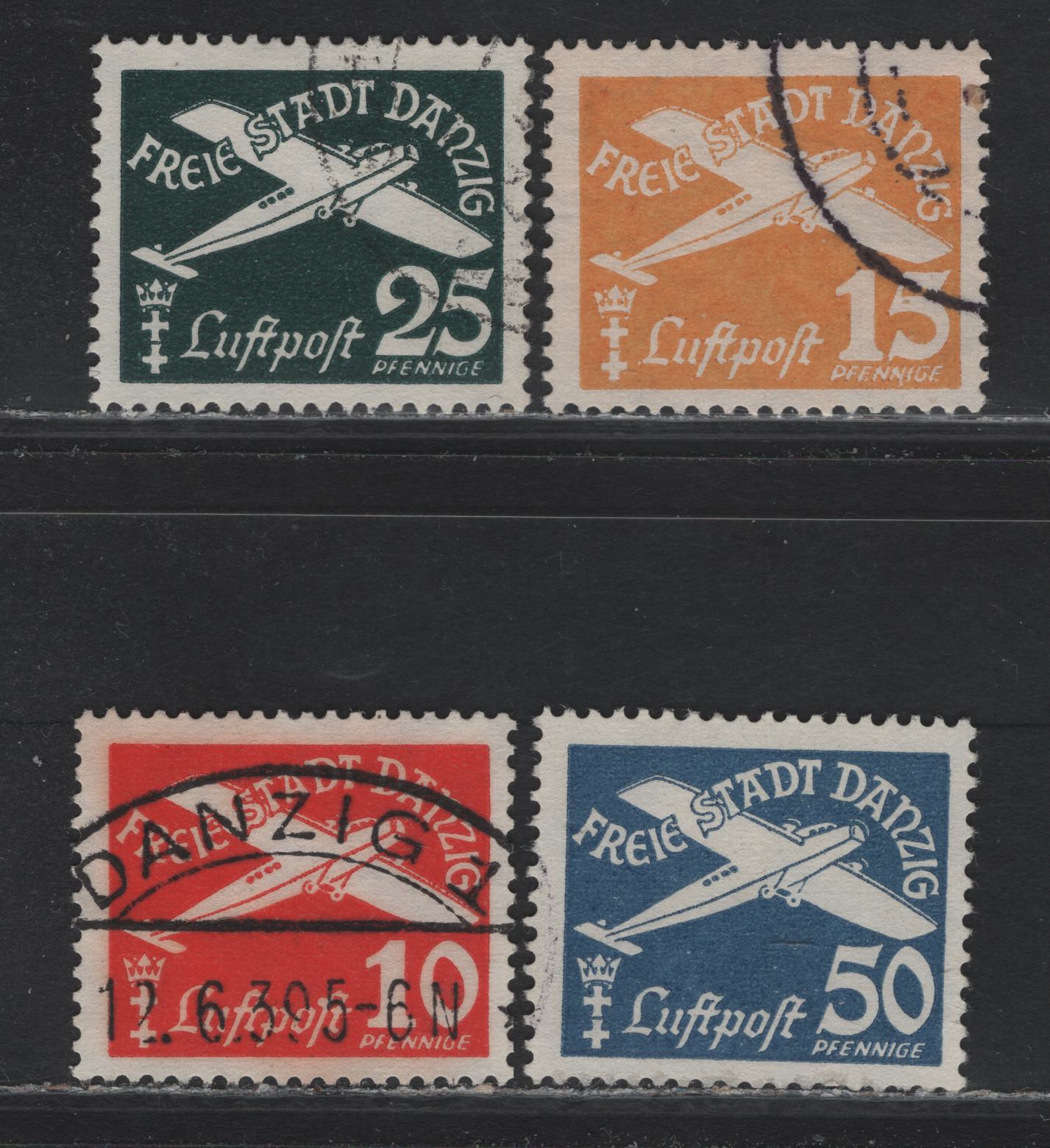 Lot 328 Danzig SC#C42-C45 (Michel #298-301) 10pf - 50pf Scarlet - Grey Blue Airplane, 1938-1939 Airmail Issue, 4 VF Used Singles Wmk Swastikas, All Dubious Cancels, Counted As Mint Hinged