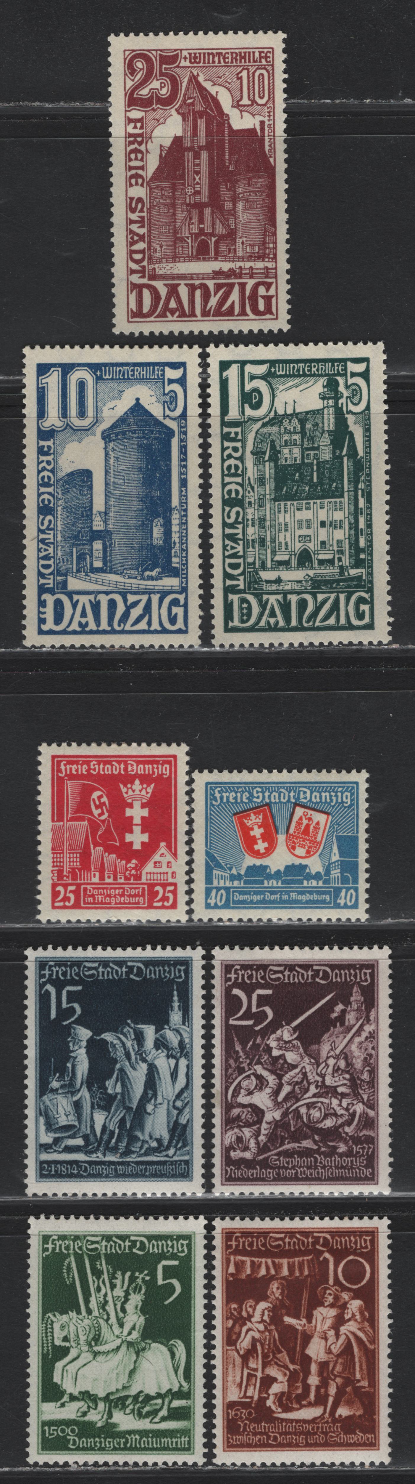 Lot 330 Danzig SC#234-237, B15-B17, B20a, B21 (Michel #262-264, 274x, 275, 302-305) 5pf - 40pf + 40pf Dark Green - Blue & Red Knights in Tournament - Arms Over Danzig, 1939 Stamp Day  - 1937 Danzig Community At Magdaburg, 9 Fine & VFOG Singles