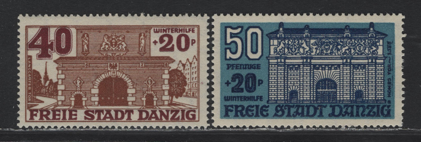 Lot 331 Danzig SC#B18-B19 (Michel #265-266) 40pf + 20pf - 50pf + 20pf Brown & Red Brown - Blue & Dark Blue Langgarter Gate - High Gate, 1936 Winter Welfare Semi Postal Issue, 2 VFNH Singles