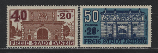 Lot 331 Danzig SC#B18-B19 (Michel #265-266) 40pf + 20pf - 50pf + 20pf Brown & Red Brown - Blue & Dark Blue Langgarter Gate - High Gate, 1936 Winter Welfare Semi Postal Issue, 2 VFNH Singles