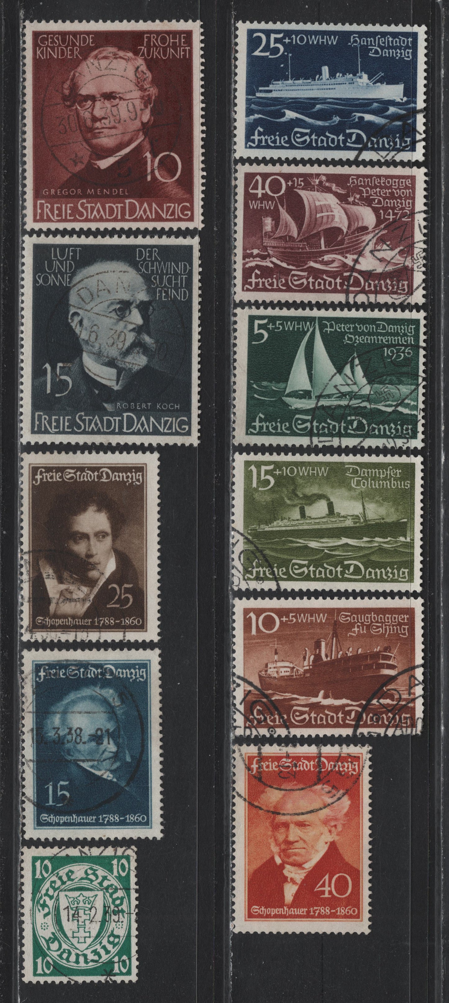 Lot 332 Danzig SC#222-224, 22238-239, B28-B28 (Michel #281-288, 292x, 306-307) 15pf - 15pf Dull Blue - Indigo Schopenhauer - Sailboat, 1938 Schopenhauer Issue - 1938 Winter Welfare Semi Postal Issue, 11 Fine & VF Used Singles
