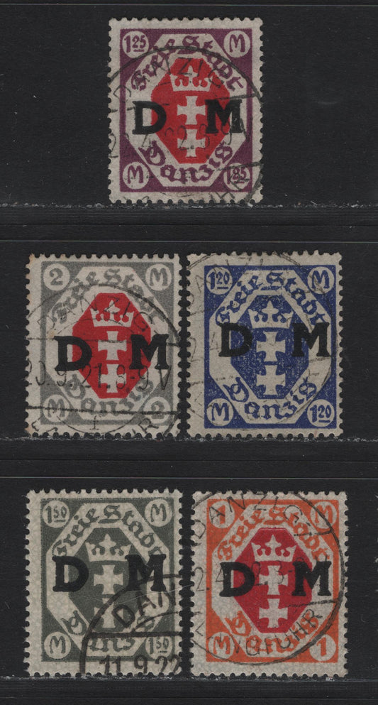 Lot 334 Danzig SC#O14-O18 (Michel #11-13, 17-22) 1m - 2m Orange & Carmine Arms, 1921-1922 Official Overprints On Arms Issue, 5 Fine & VF Used Singles All CTO Cancels