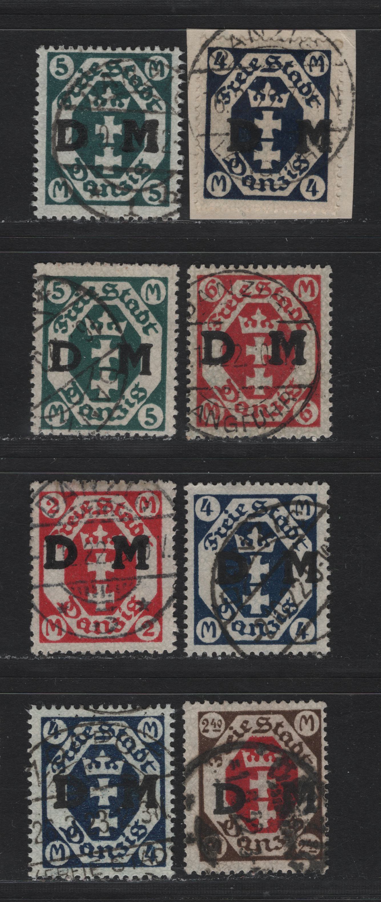 Lot 335 Danzig SC#O19-O20, O23-O25, O31-O32 (Michel #18-20, 24, 26a, 29y, 30y) 2m-6m Carmine Red - Dark Green Arms, 1921-1922 Official Overprints On Arms Issue, 8 Fine & VF Used Singles Wmk Honeycomb & Webbing, All CTO/Fake Cancels