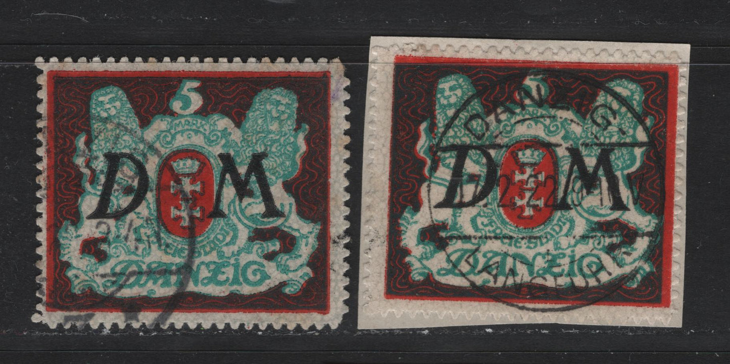 Lot 336 Danzig SC#O29a (Michel 21X) 5m Sea Green, Red & Black Arms, 1922 Official Overprints On Arms Issue, 2 Fine Used Singles Both Wmk Upright Honeycomb, Both CTO