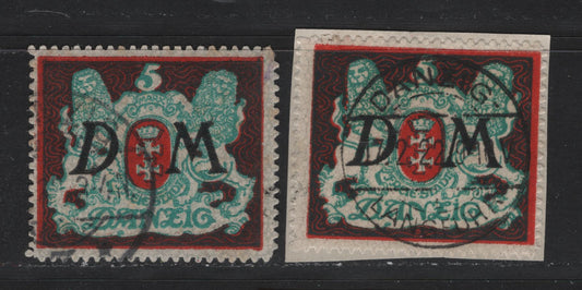 Lot 336 Danzig SC#O29a (Michel 21X) 5m Sea Green, Red & Black Arms, 1922 Official Overprints On Arms Issue, 2 Fine Used Singles Both Wmk Upright Honeycomb, Both CTO