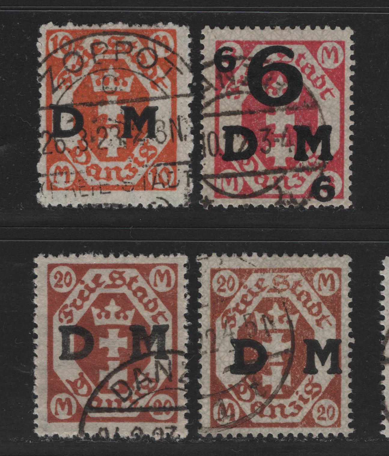 Lot 337 Danzig SC#O26-O28, O33 (Michel #25a, 27-28, 32Y) 6m on 3m - 20m Lilac Red - Orange Brown Arms, 1921-1922 Official Overprints On Arms Issue, 4 Fine Used Singles All Wmk Honeycomb, Except One 20m, Which is Webbing, All CTO Cancels
