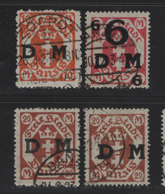 Lot 337 Danzig SC#O26-O28, O33 (Michel #25a, 27-28, 32Y) 6m on 3m - 20m Lilac Red - Orange Brown Arms, 1921-1922 Official Overprints On Arms Issue, 4 Fine Used Singles All Wmk Honeycomb, Except One 20m, Which is Webbing, All CTO Cancels