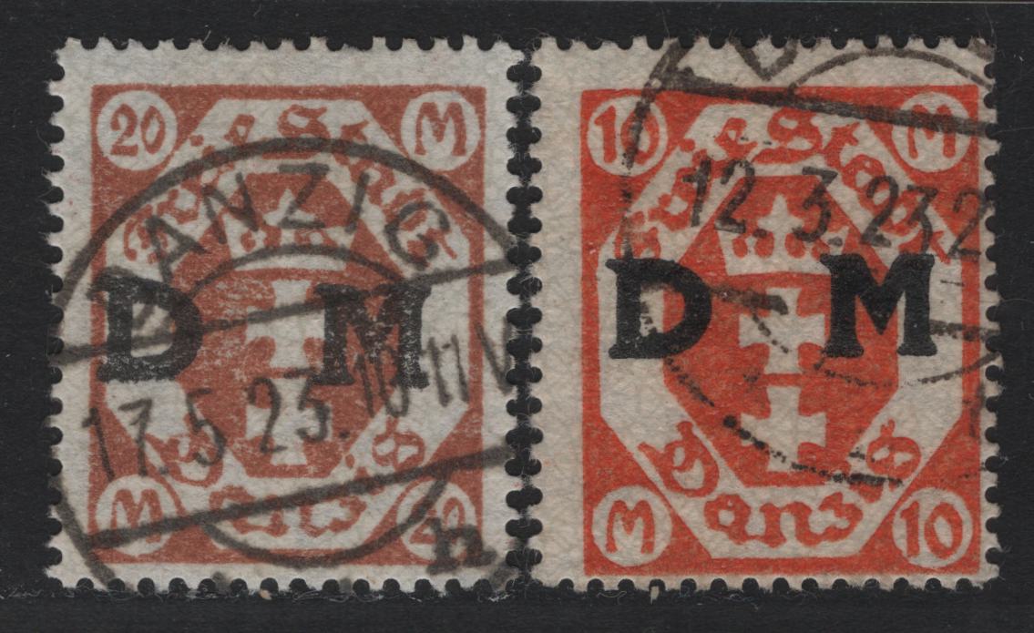 Lot 338 Danzig SC#O32-O33 (Michel #31y-32y) 10m, 20m Orange & Orange Brown Arms, 1921-1922 Official Overprints On Arms Issue, 2 Fine & VF Used Singles Wmk Webbing Horizontal, Postal Cancels