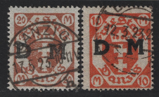 Lot 338 Danzig SC#O32-O33 (Michel #31y-32y) 10m, 20m Orange & Orange Brown Arms, 1921-1922 Official Overprints On Arms Issue, 2 Fine & VF Used Singles Wmk Webbing Horizontal, Postal Cancels