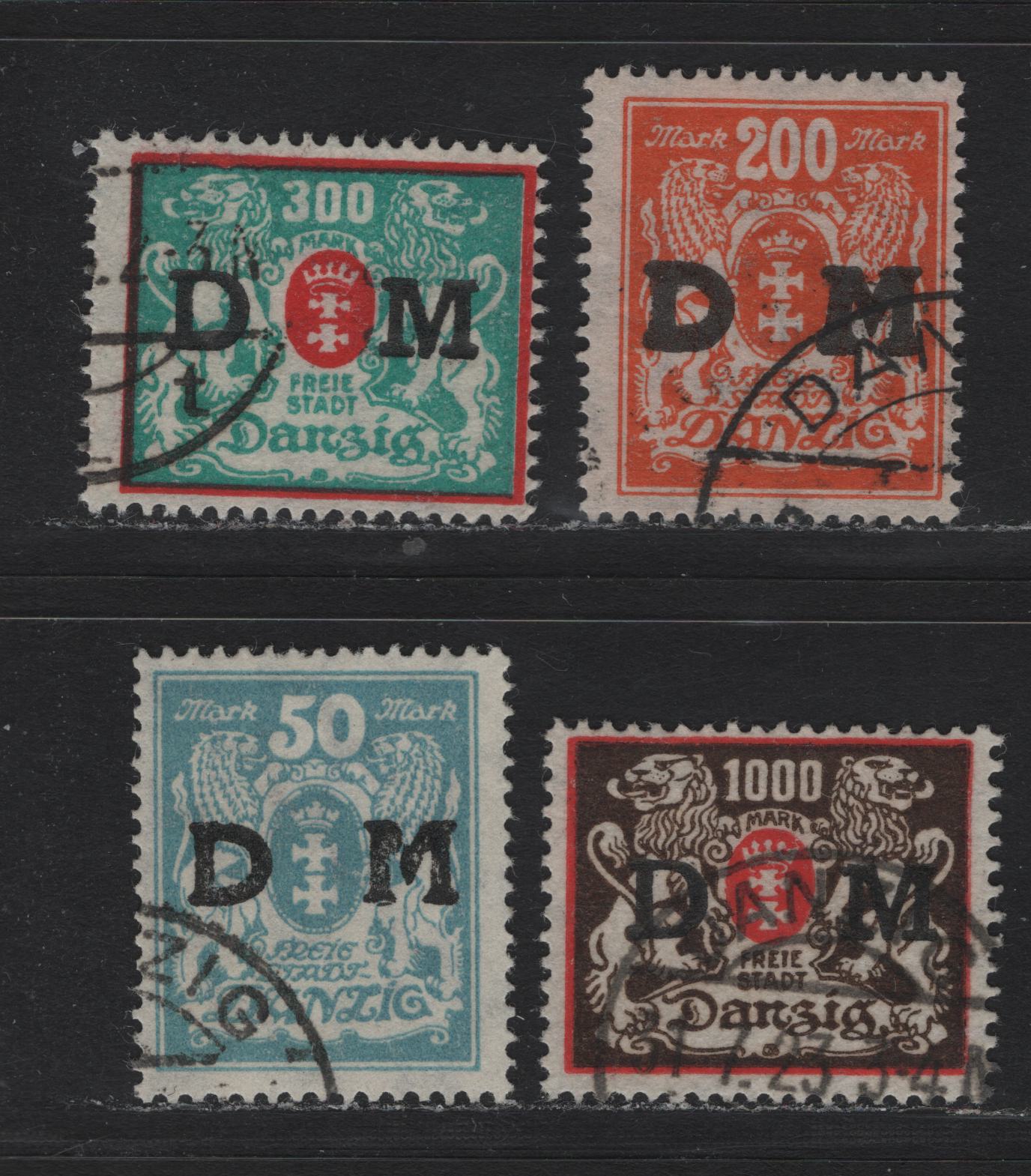 Lot 339 Danzig SC#O36, O38, O39, O41 (Michel #36, 38, 35y, 40) 50m - 1000m Pale Blue - Brown & Red Arms, 1921-1922 Official Overprints On Arms Issue, 4 Fine Used Singles Wmk Webbing, All Except 1000m Are CTO Cancels, 1000m Could Be Postal, Counted As CTO