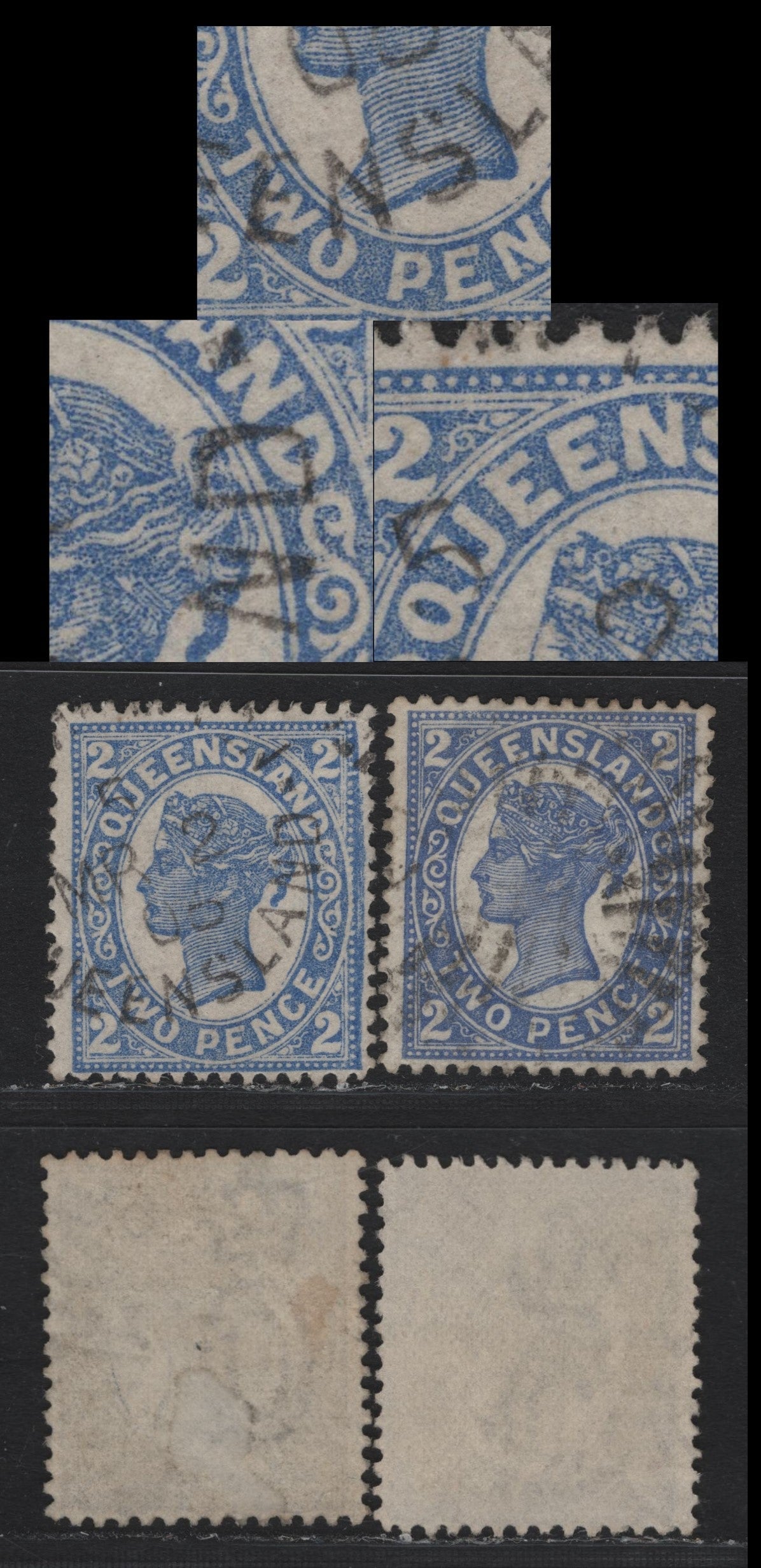 Lot 33 Australia - Queensland (C) SG#234 2d Blue Queen Victoria, 1897-1908 Fourth Sideface Issue, 2 Fine & VF Used Singles Perf. 12.5 -13, Original Die, Crown, Bust & Chignon Do Not Touch Medallion
