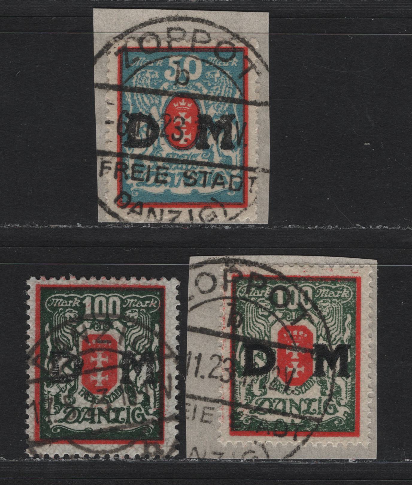 Lot 340 Danzig SC#O34-O35 (Michel #33y, 34y) 50m - 100m Pale Blue & red - Dark Green & Red Arms, 1922-1923 Official Overprints On Arms Issue, 3 Fine & VF Used Singles Stamps On Piece Are CTO, Other 100m is Postal Cancel