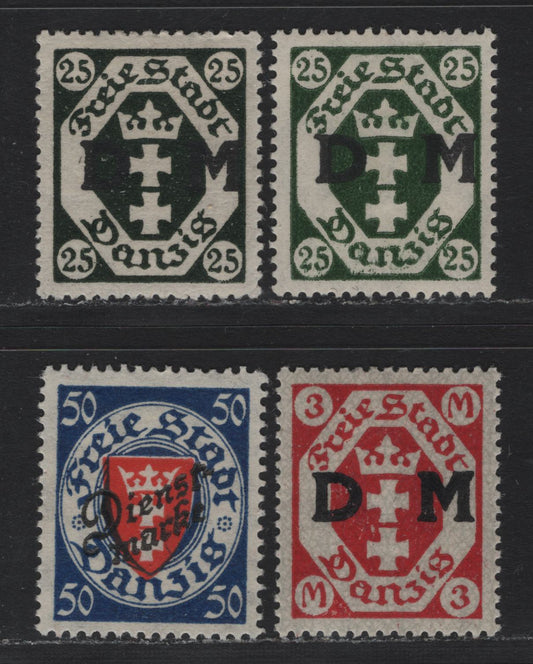 Lot 342 Danzig SC#O5, O22, O51 (Michel #5, 23a, 50) 25pf - 50pf Blackish Green - Deep Blue & Red Arms, 1921-1925 Official Overprints On Arms Issue, 4 VFOG Singles Including 2 Shades Of The 25pf