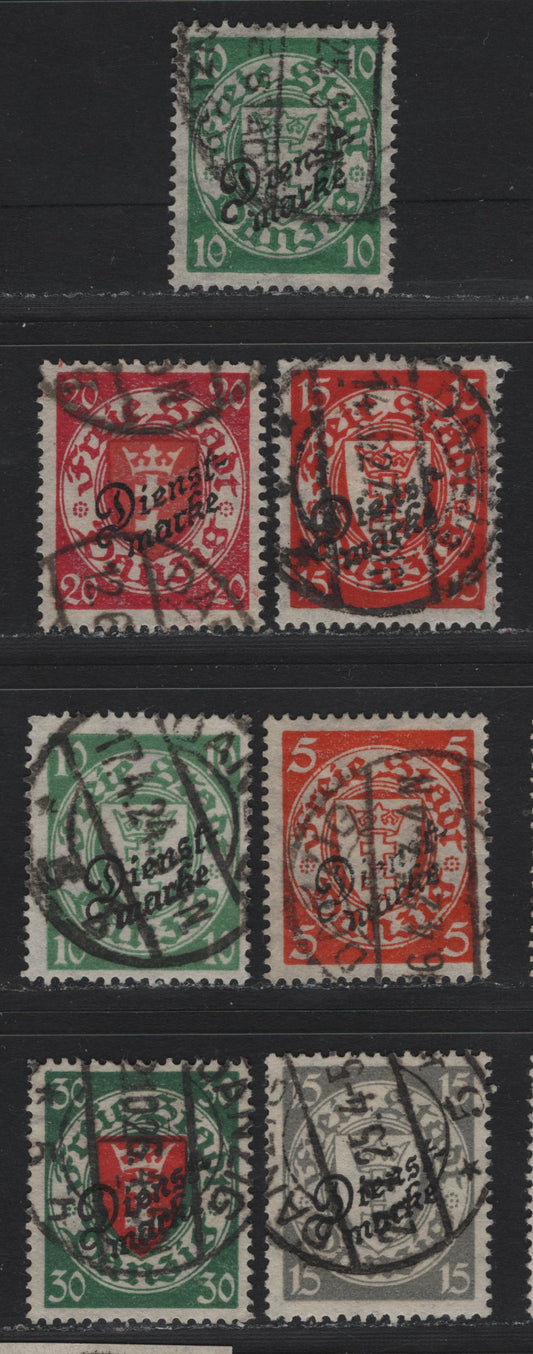 Lot 343 Danzig SC#O42, O43-a, O44-O45, O48, O46 (Michel #41b, 42a-b, 43b, 44, 45, 47a) 5pf - 30pf Red Orange - Green & Red Arms, 1924-1925 Official Overprints On Arms Issue, 7 Fine & VF Used Singles