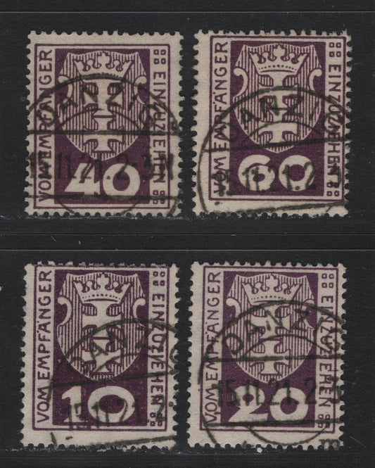 Lot 344 Danzig SC#J1-J4 (Michel 1b-4b) 10pf-60pf Dark Brown Violet Arms, 1921-1922 Postage Due Issue, 4 Fine Used Singles Expert Handstamps Designating the Cancels As Fake, Useful For Reference, Wmk Honeycomb