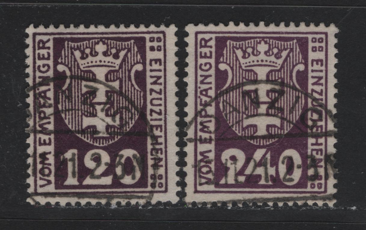 Lot 345 Danzig SC#J7, J9 (Michel #7b, 9a) 120pf, 240pf Dark Brown Violet & Dark Violet Purple Arms, 1921-1922 Postage Due Issue, 2 Fine & VF Used Singles Expert Handstamps Designating the Cancels As Fake, Useful For Reference, Wmk Honeycomb