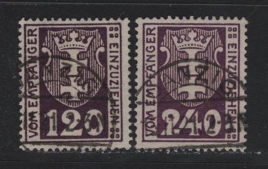 Lot 345 Danzig SC#J7, J9 (Michel #7b, 9a) 120pf, 240pf Dark Brown Violet & Dark Violet Purple Arms, 1921-1922 Postage Due Issue, 2 Fine & VF Used Singles Expert Handstamps Designating the Cancels As Fake, Useful For Reference, Wmk Honeycomb
