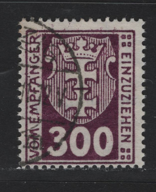 Lot 346 Danzig SC#J17 (Michel #17y) 300pf Dark Violet Purple Arms, 1923 Postage Due Issue, A Fine Used Single Expert Handstamp Designating the Cancel As Fake, Useful For Reference, Wmk Webbing