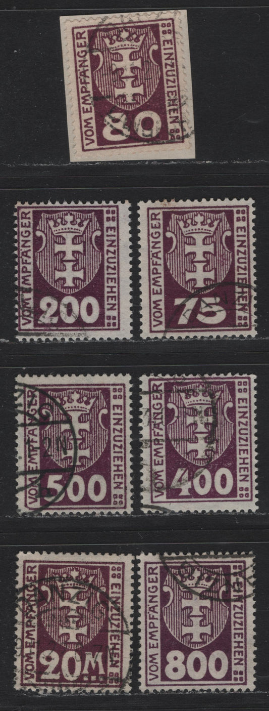 Lot 347 Danzig SC#J5-J6, J13-J14, J16, J17, J19a (Michel #5, 6a, 13b-14, 16y-17y, 18x) 75pf - 500pf Dark Violet Purple & Dark Brown Violet Arms, 1921-1923 Postage Due Issue, 7 Fine & VF Used Singles Wmk Honeycomb & Webbing, All CTO/Fake Cancels