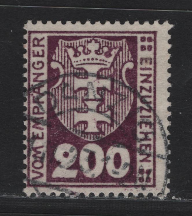 Lot 349 Danzig SC#J16 (Michel #16y) 200pf Dark Violet Purple Arms, 1923 Postage Due Issue, A Fine Used Single Expert Handstamp Designating the Cancel As Fake, Useful For Reference, Wmk Webbing
