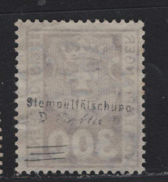 Lot 350 Danzig SC#J17 (Michel #17y) 300pf Dark Violet Purple Arms, 1923 Postage Due Issue, A Fine Used Single Expert Handstamp Designating the Cancel As Fake, Useful For Reference, Wmk Webbing