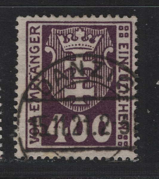 Lot 351 Danzig SC#J11 (Michel #11b) 400pf Dark Brown Violet Arms, 1921-1922 Postage Due Issue, A Fine Used Single Expert Handstamp Designating the Cancel As Fake, Useful For Reference, Wmk Webbing