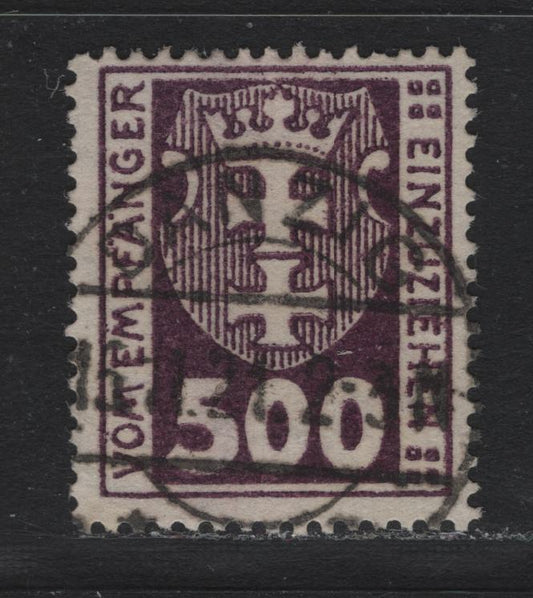 Lot 352 Danzig SC#J12 (Michel #12b) 500pf Dark Brown Violet Arms, 1921-1922 Postage Due Issue, A Fine Used Single Expert Handstamp Designating the Cancel As Fake, Useful For Reference, Wmk Webbing